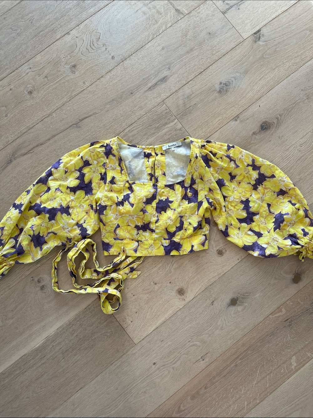 Yellow and purple Floral Puff-Sleeve Crop Blouse with Square Neck and Tie Detail
